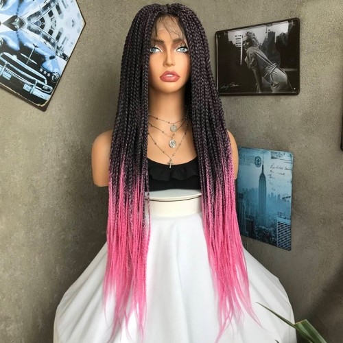 Black Pink Ombre Triple Braid Lace Front Box Braided Wigs BW1240
