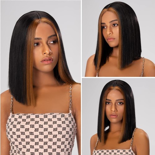Straight Bob Black Mixed Brown Lace Front Synthetic Wigs LF593
