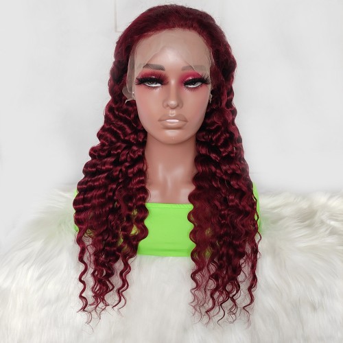 20" Wine Red Deep Wave 13x4 Lace Front Remy Natural Hair Wig NH299