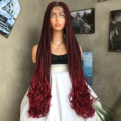 Dark Red Triple Braid Lace Front Box Braided Wigs BW1241