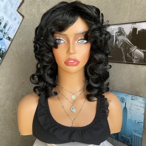 Mid Length Black Loose Wave Synthetic Wigs RW1295