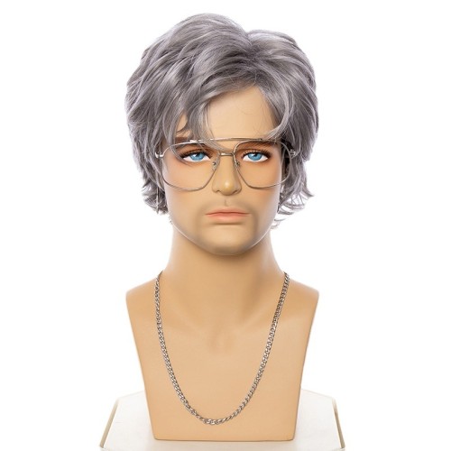 Silver Grey Side Parting Short Curly Synthetic Men's Wigs RW1270