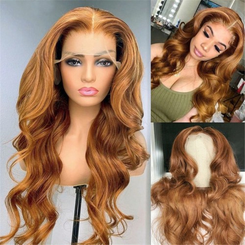 Two Tone Golden Brown Body Wavy Lace Front Synthetic Wigs LF594