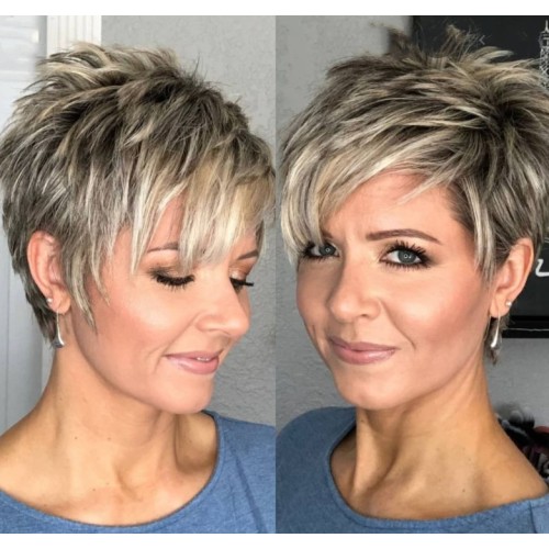 Shaded Cappuccino With Dark Roots Short Straight Synthetic Pixie Wigs RW1114