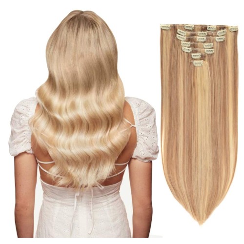Light Brown Mixed Blonde Human Hair Clip In Hair Extensions 7-piece Set PW1102