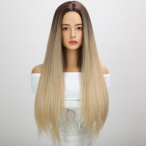 Brown Blonde Ombre Bangs Straight Synthetic Wigs RW781
