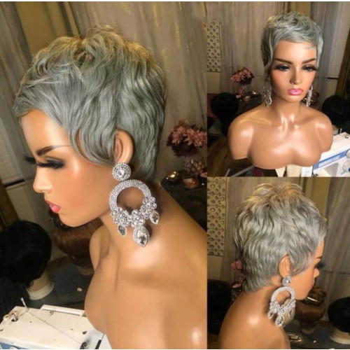 Silver Gray Short Straight Synthetic Pixie Cut Wigs RW1127