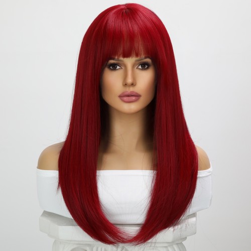 Red Flat Bangs Straight Synthetic Wigs RW791