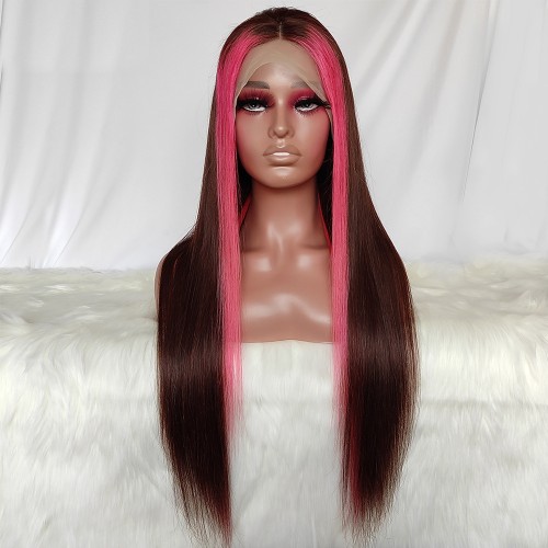 22" Brown Mixed Pink Straight Lace Front Remy Natural Hair Wig NH361