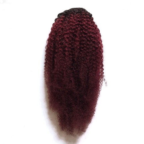 Wine Red With Dark Roots Afro Curly Human Hair Drawstring Rope Ponytail PW1039