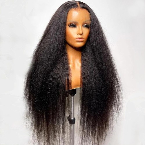 20" Black Kinky Straight Lace Front Remy Natural Hair Wig NH272