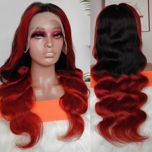 20" Reddish Ombre Auburn Highlight Body Wave Lace Front Remy Natural Hair Wig NH317