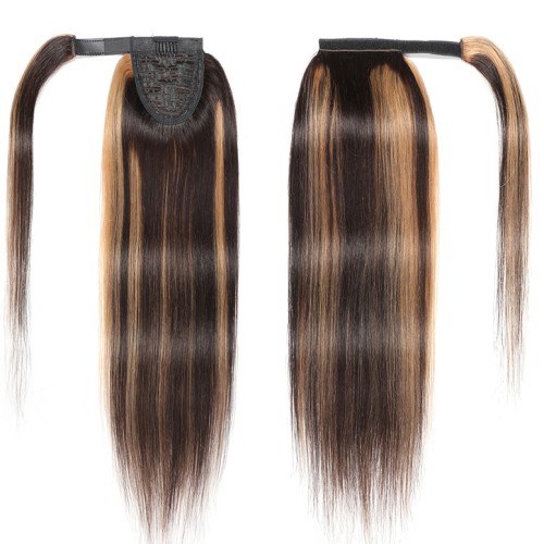 Brown Mixed Golden Straight Wrap Around Human Hair Ponytail Extension PW1047