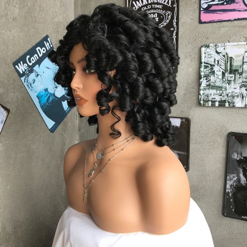 Black Flat Bangs Screw Curly Synthetic Wigs RW1185