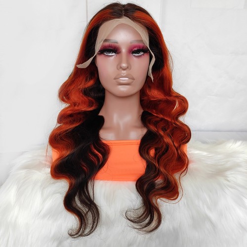 20" Brown Inner Orange Body Wave Lace Front Remy Natural Hair Wig NH316