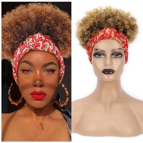 Two Tone Brown African Curly Synthetic Headband Afro Wigs HW947