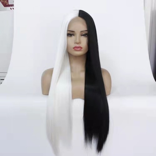 Black White Split Color Straight Lace Front Synthetic Wig LF434