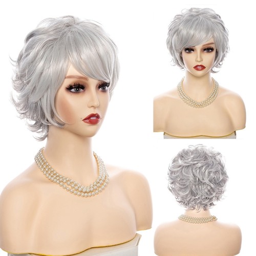 Silver White Bangs Short Roll Synthetic Wigs RW1275