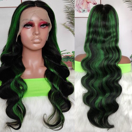 22" Black Mixed Green Wavy Lace Frontal Remy Natural Hair Wig NH332