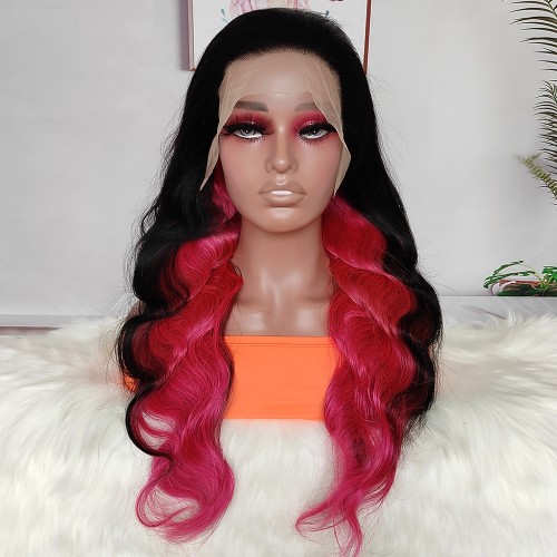 20" Black Inner Pink Body Wave Lace Frontal Remy Natural Hair Wig NH333