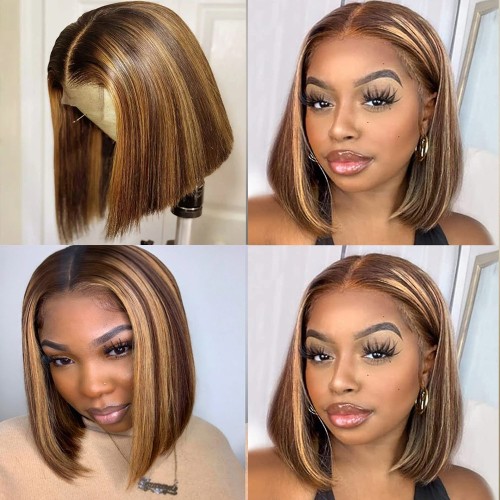 10" Brown Mixed Blonde Straight Bob Lace Front Remy Natural Hair Wig NH265