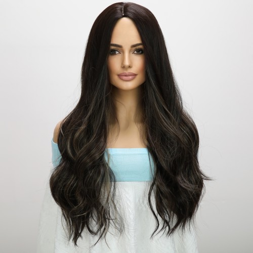 Black Highlights Long Wavy Synthetic Wigs RW777