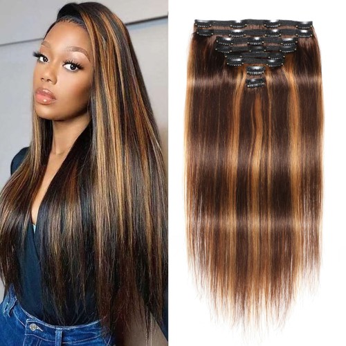 Brown Mixed Golden Silky Straight Human Hair Clip In Hair Extension PW1065