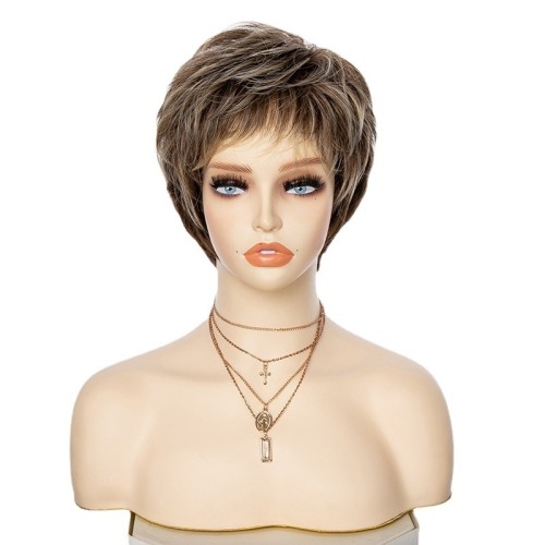 Brown Mixed Golden Bangs Short Straight Synthetic Pixie Wigs RW1288