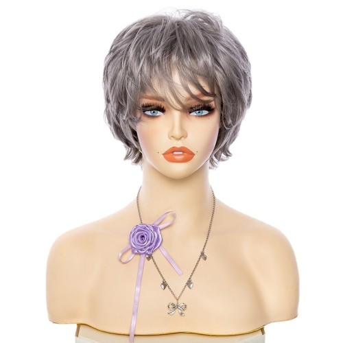 Fluffy Silver Grey Bangs Short Natural Roll Synthetic Wigs RW1302