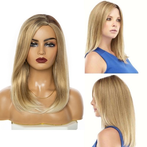 Two Tone Blonde With Dark Roots Mid-Length Straight Synthetic Wigs RW1318