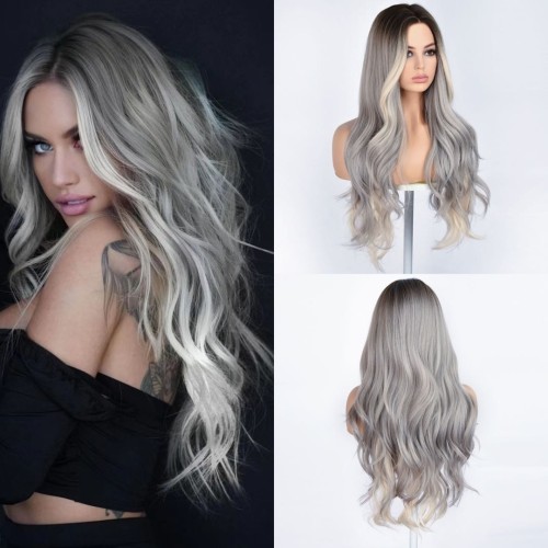 Silver Grey With Dark Roots Long Wavy Synthetic Wigs RW773
