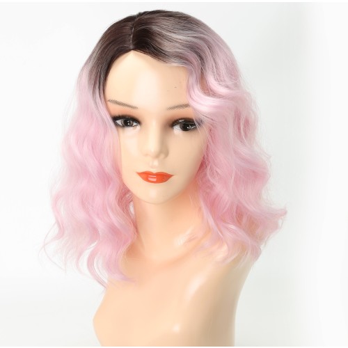 Pink With Dark Roots Short Wavy Bob Synthetic Wigs RW814