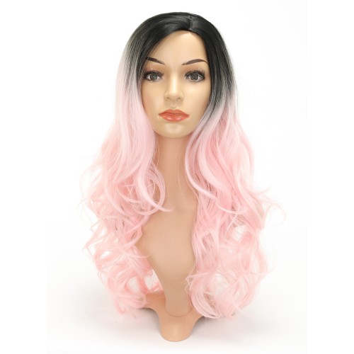 Black Bright Pink Ombre Long Wavy Synthetic Wigs RW816
