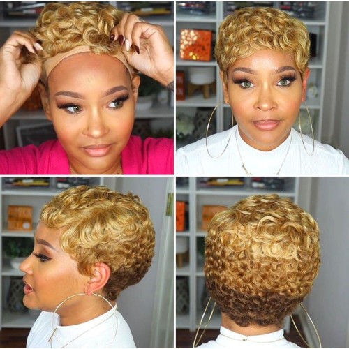 Gold Short Curly Synthetic Pixie Wig Afro Wig RW011