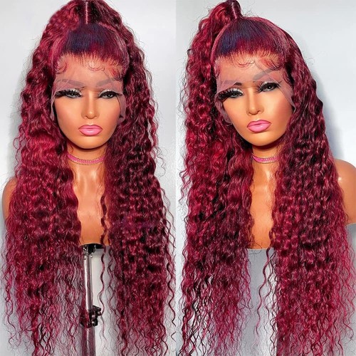 Wine Red Long Curly  Lace Front Synthetic Wig LF027