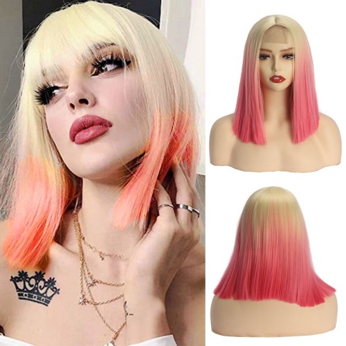 Blonde Pink Straight Synthetic Bob Wig RW032