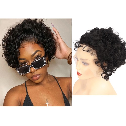 Black Curly Pixie Lace Front Synthetic Wig LF040