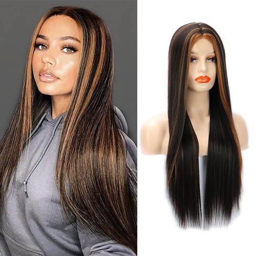 Black Mixed Golden Straight Synthetic Wig RW073